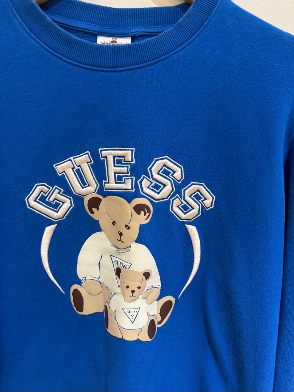 GUESS Royal Blue Bear Logo Crewneck Sweater retro classic Size medium - Picture 4 of 8